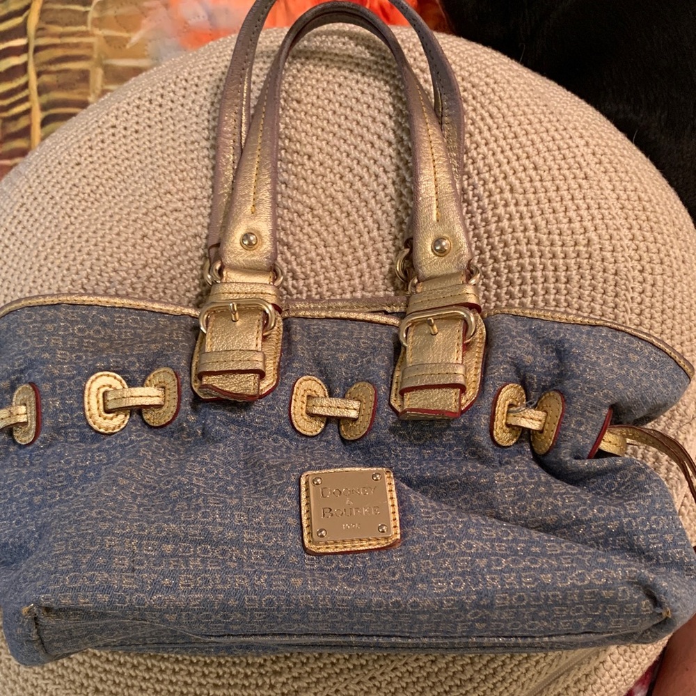 Dooney & Bourke Denim Logo Satchel with Metallic Gold Trim